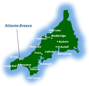 location map showing the location of Atlanta Breeze holiday cottage accommodation in St Ives Cornwall